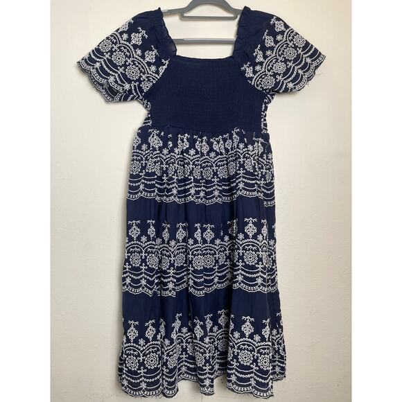 NWT Kings Road Women's Embroidered Eyelet Raw Hem Mini Babydoll Dress Blue S Y2K - Picture 2 of 12